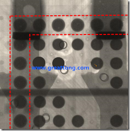 BGA錫球尺寸小于0.4mm，采用降低BGA內(nèi)圍襲球的錫膏量所得到X-Ray，稍微留意一下可以發(fā)現(xiàn)最外圈的錫量(圓的直徑)比其他內(nèi)圍的錫球上的錫量來得多一點(diǎn)點(diǎn)。也就是外圈的黑色圓形直徑比內(nèi)圈的圓形來得大一點(diǎn)點(diǎn)。