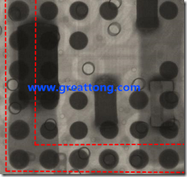 BGA錫球尺寸小于0.4mm，采用降低BGA內(nèi)圍襲球的錫膏量所得到X-Ray，稍微留意一下可以發(fā)現(xiàn)最外圈的錫量(圓的直徑)比其他內(nèi)圍的錫球上的錫量來得多一點(diǎn)點(diǎn)。也就是外圈的黑色圓形直徑比內(nèi)圈的圓形來得大一點(diǎn)點(diǎn)。