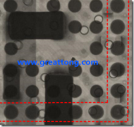 BGA錫球尺寸小于0.4mm，采用降低BGA內(nèi)圍襲球的錫膏量所得到X-Ray，稍微留意一下可以發(fā)現(xiàn)最外圈的錫量(圓的直徑)比其他內(nèi)圍的錫球上的錫量來得多一點(diǎn)點(diǎn)。也就是外圈的黑色圓形直徑比內(nèi)圈的圓形來得大一點(diǎn)點(diǎn)。