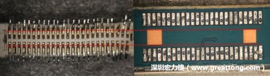 把板對板連接器與其電路板的佈線焊墊作一個比較，端子的切斷面有毛邊的地方剛好對到了裸銅區(qū)。