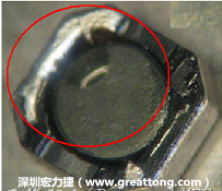 使用錫(Sn)鍍層的電源電感器(Power Inductors)，經(jīng)過推力測試后，其焊點(diǎn)還保留在零件的端點(diǎn)上，所以推力比較高。