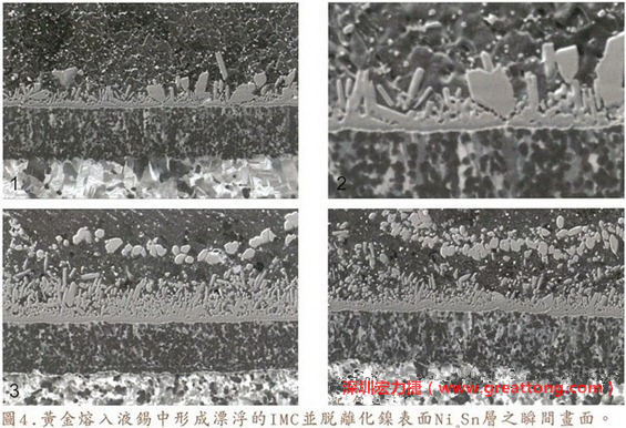下面四張圖片為放大4500倍的SEM圖像，說明在回流焊爐熱量不足的情況下，黃金成份正要從鎳層分離融入焊錫之中的瞬間，當(dāng)零件遭受外力沖擊的時候就極有可能從這一整排AuSn、、AuSn2或AuSn4的IMC處裂開。