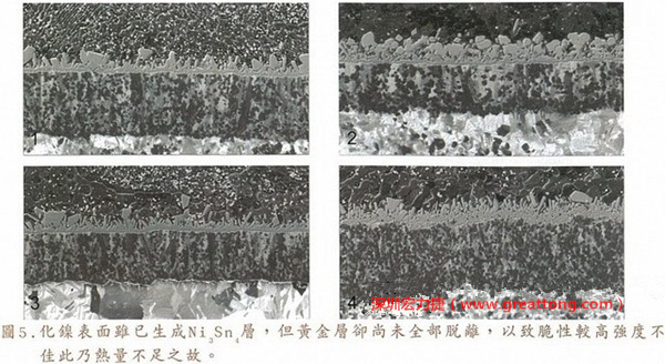 下面四圖顯示，當(dāng)焊接的熱量不足或未持續(xù)時，雖然Ni3Sn4的薄薄IMC層已經(jīng)生成而焊牢，但也會因為AuSn及AuSn2還未來得及逸走，而停留在共金介面附近，當(dāng)有外力拉扯的時候，就很容易斷裂開來。這就是為何ENIG的焊點強度，始終不如銅面焊點(Cu6Sn5)來得更為牢固的主因之一。