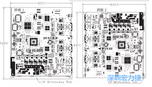 如圖7所示是使用不同數(shù)量邊條的拼板，拼板1僅使用了一個邊條，直接利用PCB另一邊作為SMT工藝傳送邊，并且PCB圖形中有合適的安裝孔；而拼板2則是按常規(guī)設計了兩個邊條。拼板方式為連接筋。圖中“Breakaway Tab”指邊條-深圳宏力捷