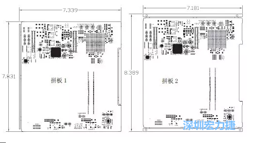 如圖11所示在兩種拼板中PCB單元的邊條位置不同，拼板1中邊條在長邊方向，而拼板2中邊條在短邊方向-深圳宏力捷
