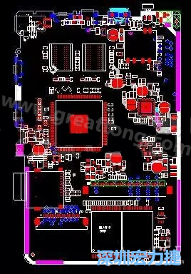 上圖是一個開發(fā)板的PCB，從布局中可以看出各個接口電路分離很明確，SDRAM和DDR以及SD卡接口電路等走線不會造成相互的干擾。-深圳宏力捷