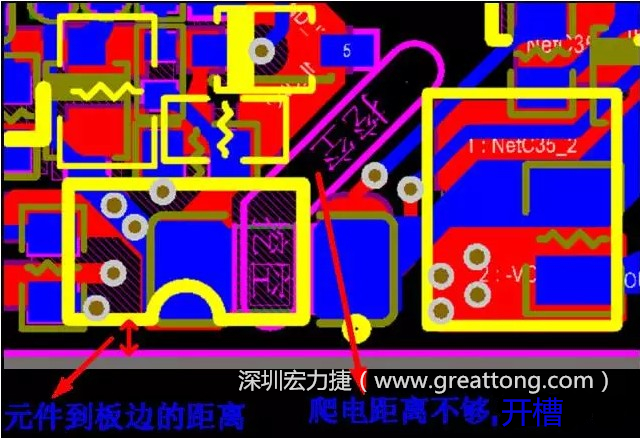 如果碰到模塊PCB空間有限，爬電距離不夠，可以采用開槽的方式