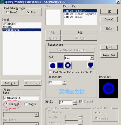 分析文件完成后，點擊菜單Setup→Pad Stacks調(diào)出焊盤堆設(shè)置窗口，將Pad Stack Type改為Via