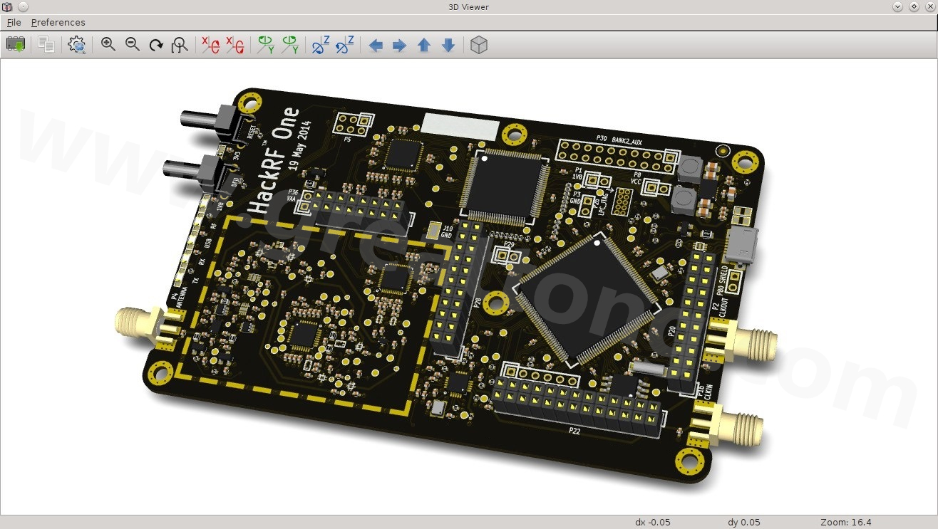 經(jīng)KiCad軟體3D功能渲染過(guò)的HackRF One電路板。