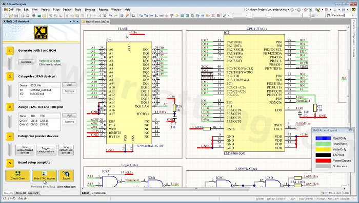 XJTAG DFT Assistant的Access Viewer模式可以清楚地顯示可用的測試存取層級，讓電路板設(shè)計(jì)人員在展開PCB布局以前的原理圖擷取階段盡可能地提高測試存取能力