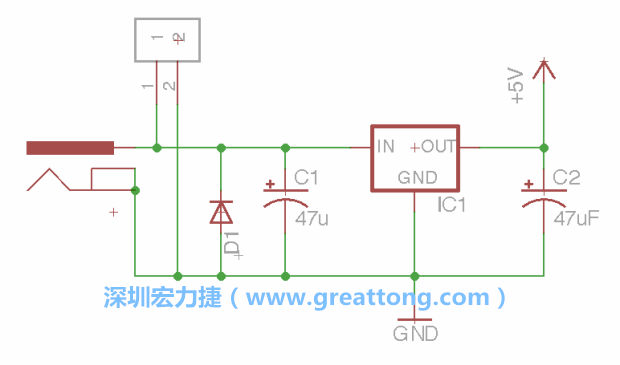 2.5.    新增一個二極體，它會以水平的狀態(tài)出現(xiàn)在屏幕上，請使用「旋轉(zhuǎn)（Rotate）」工具把它負(fù)極那一面朝上，并且用「網(wǎng)絡(luò)連接」工具將它連接在電壓調(diào)整器的輸入端和接地端之間。