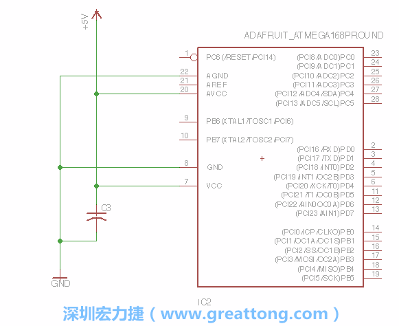 3.1.    新增微控制器晶片（RBBB → ATmega），把它放在電路原理圖的中央附近，把它的兩個接地接頭連接到接地訊號端。