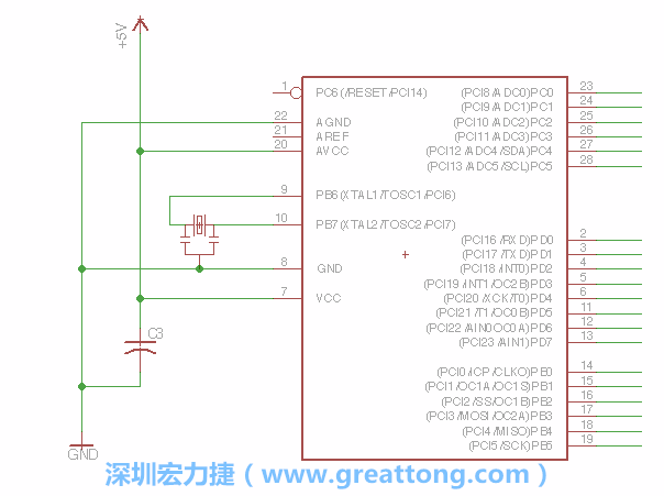 3.2.    在靠近ATmega的電源供應針腳7的位置放置一個0.1μF的電容，將它分別連接電源、接地端和針腳7。