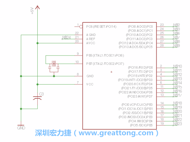 3.3.    將共鳴器（resonator）放置在針腳9和針腳10附近，將它的三個針腳連接如圖所示，并確認最中間的針腳有連到接地端。