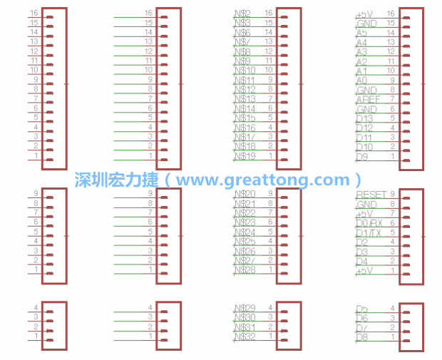 3.5.    你會發(fā)現EAGLE會給每條信號線都內建一個標簽，例如：N$2?，F在請使用「命名（Name）」工具來為這些信號線重新命名，并使它們符合ATmega的針腳名稱。