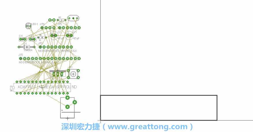 第一次執(zhí)行布線編輯器時，你會發(fā)現(xiàn)有兩個區(qū)塊，左邊的區(qū)塊非?；靵y，而右邊的區(qū)塊則是一個長方形的工作區(qū)域，EAGLE免費版會限制你的工作區(qū)域在4” x 3.2”的范圍內，如果你試圖將元件擺放在工作區(qū)外的話，就會跳出警示訊息。