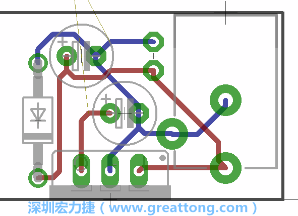 接地連結點的布線情形如下圖所示，利用這個練習來避免電路連線銳角化的產生是一個不錯的選擇，你可以在工具列中的彎曲線路（Wire Bend）選項里改變各種布線的變化。