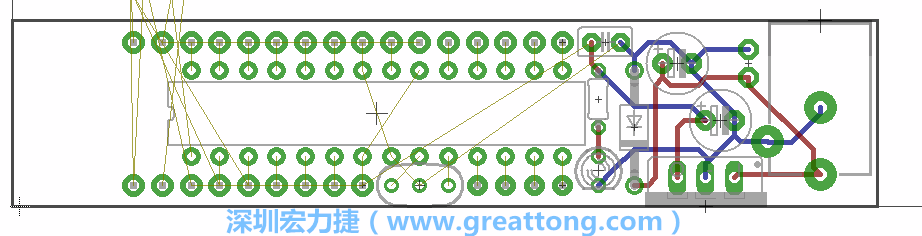 將ATmega微控制器、三個GPIO排針（JP2, JP3, JP4）和諧振器（resonator）排置如上圖所示。