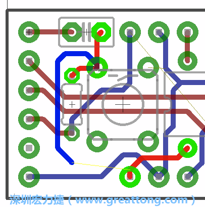 要在電路板正面進行+5V信號線連結和其他連結點的布線工作是非常容易的，而重置信號線（信號線用來連結電路板正面左邊的重置開關）需要經過一個可以通過電路板正反兩面的電路通道，這個通道是一個可以讓電路板正反兩面線路連接的一個小孔。