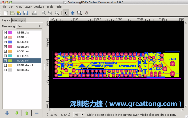 將圖層匯入你的Gerber預(yù)覽工具內(nèi)（下圖為Gerbv），我通常會(huì)從上到下重新排列它們的順序，好讓我比較好校對(duì)：