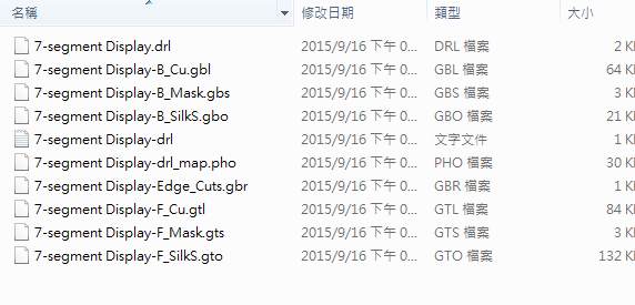 所謂Gerber檔，其實是包含一群檔案 (如下圖所示)，如包含正反面銅箔層 F.Cu B.Cu.，正反面文字面 F.Silkscreen ，B.Silkscreen，防焊層 SolderMask、板邊裁切Edge.Cuts 等。