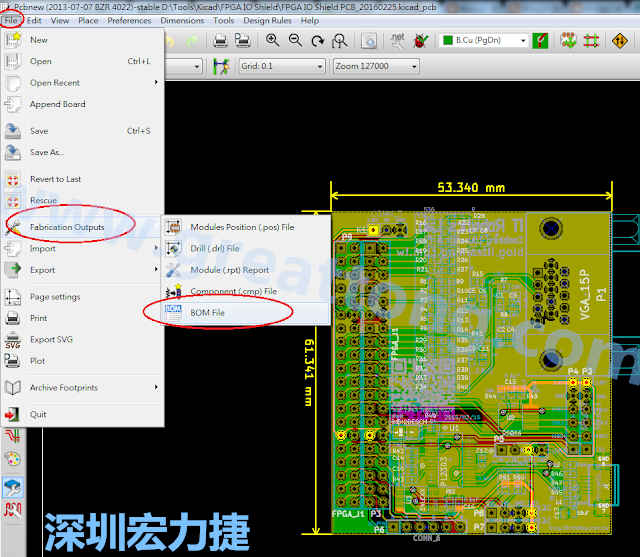 在Kicad的PCB Editor, 點(diǎn)選 File->Fabrication Outputs->BOM File, 即可產(chǎn)生一個(gè) .csv 的Excel 檔案。